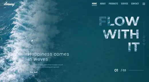 Amwaj concept: rolling ocean waves with a FLOW WITH IT headline filled with water texture