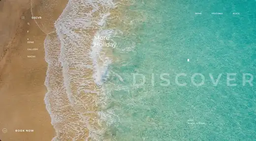DSCVR concept: beach and turquoise sea with a faded DISCOVER headline